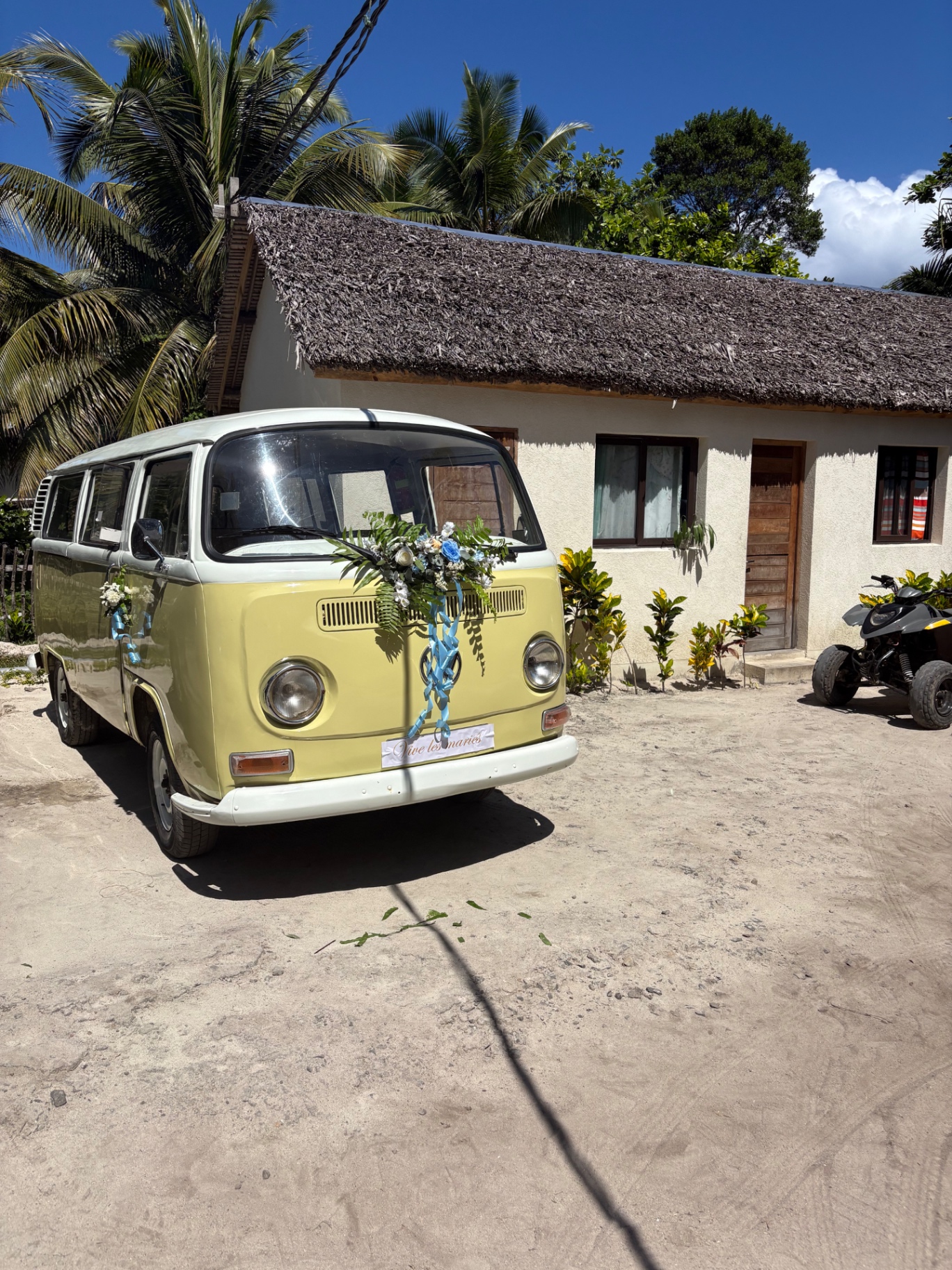Vintage van decorated with flowers for a wedding celebration