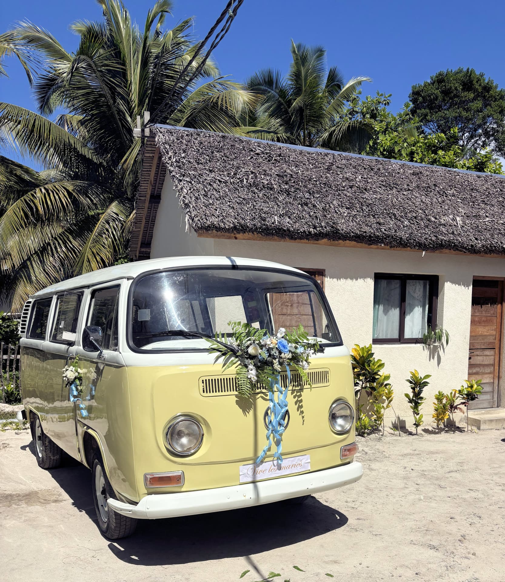 Vintage van decorated with flowers for a wedding celebration