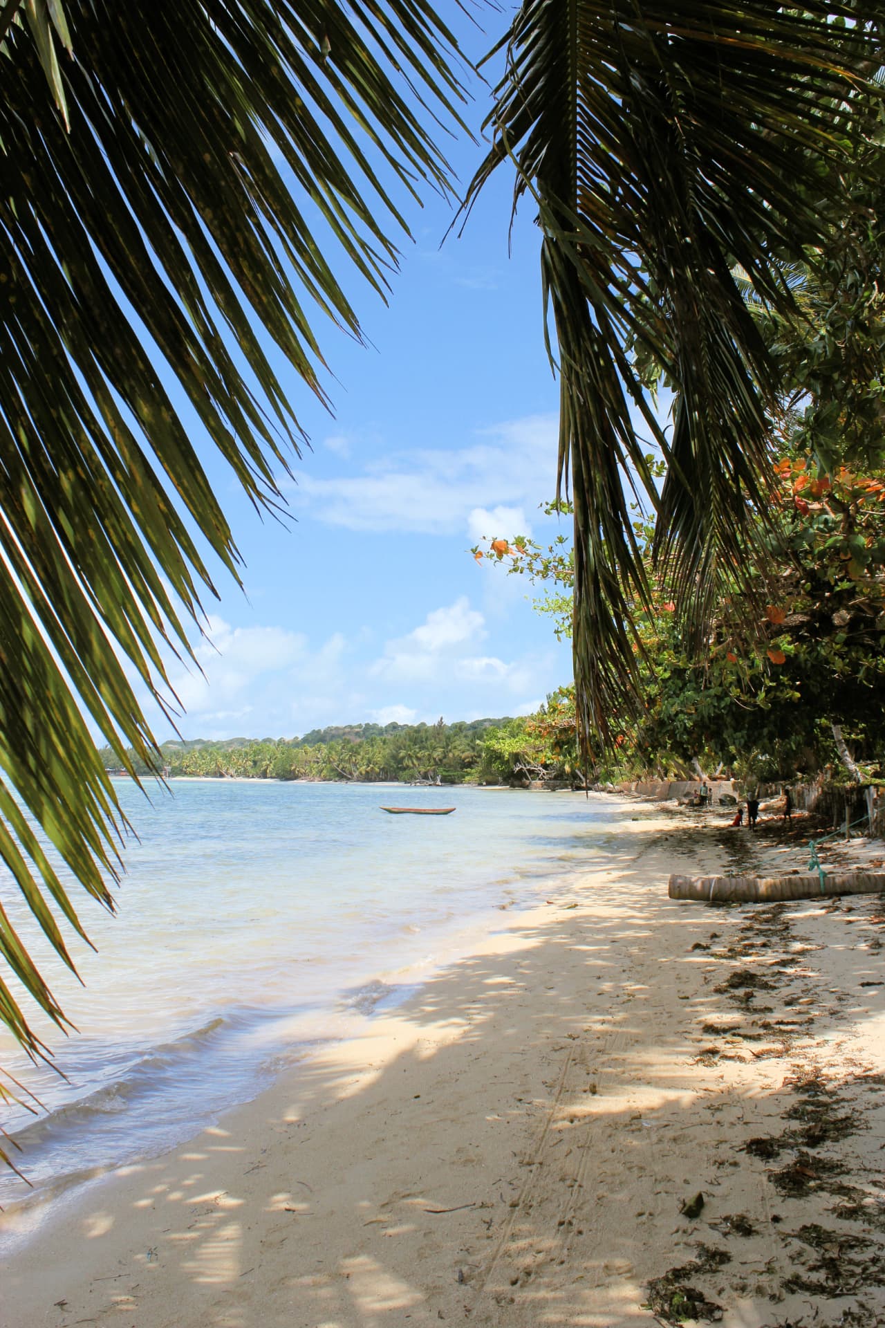 White sand, shade and a pirogue on the calm lagoon
